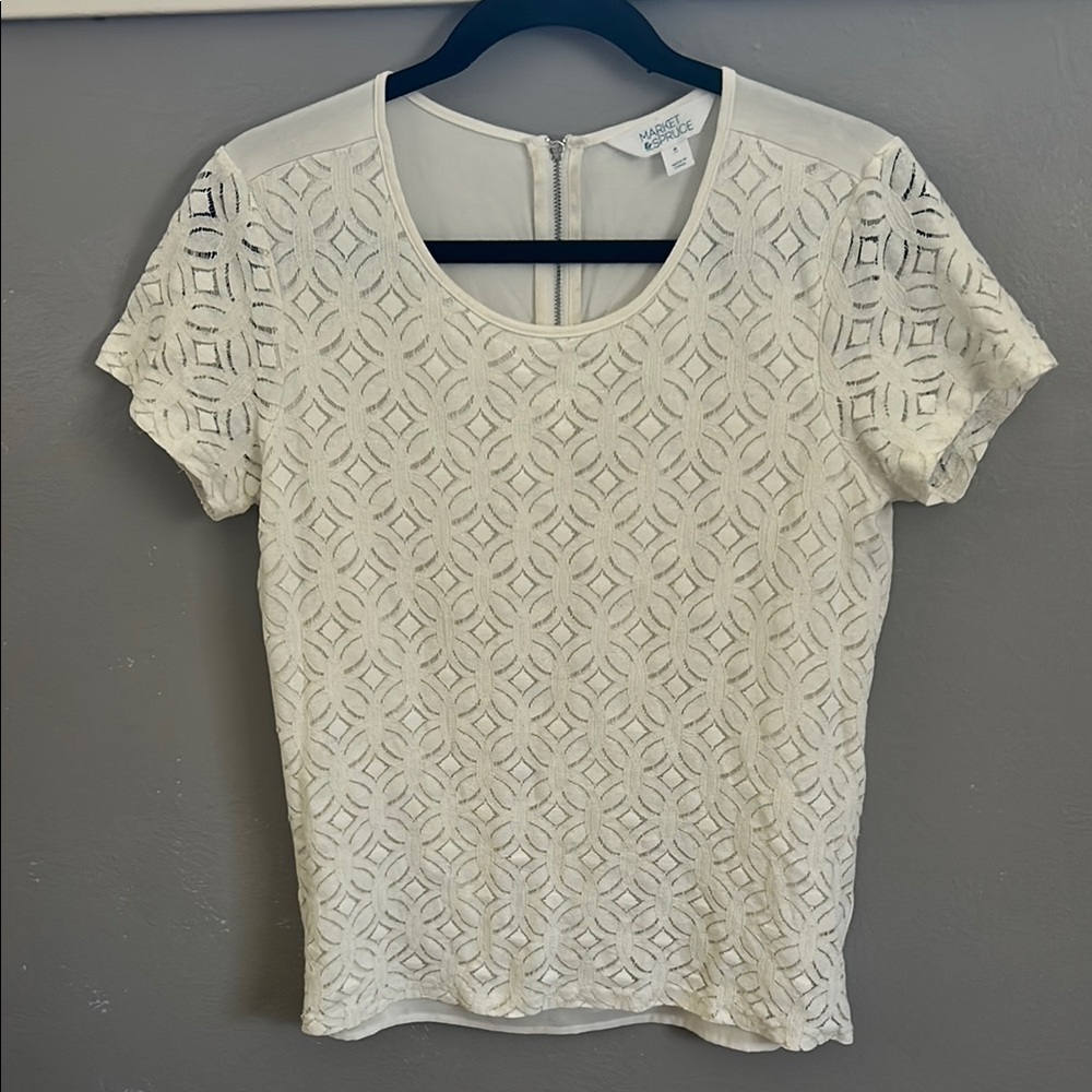 Market & Spruce White Lace Short Sleeve Blouse